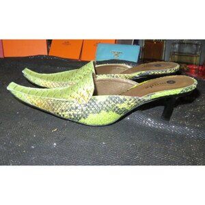 F Mode Verdon Green Viper Anis Snakeskin Italian Leather Square Toe Kitten Mules